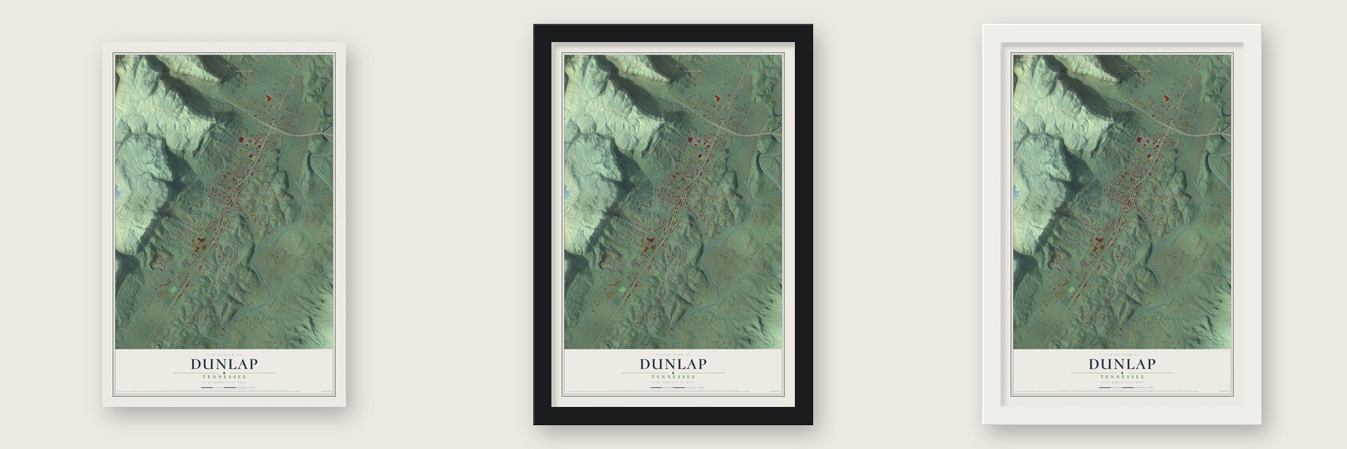 Dunlap, Tennessee map unframed, in a black wood frame and in a white wood frame
