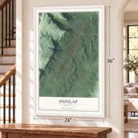 Dunlap, Tennessee map, 24 x 36 inch print in a white frame by a staircase