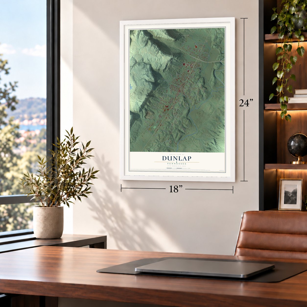 Dunlap, Tennessee map, 18 x 24 inch print in a white frame in a home office