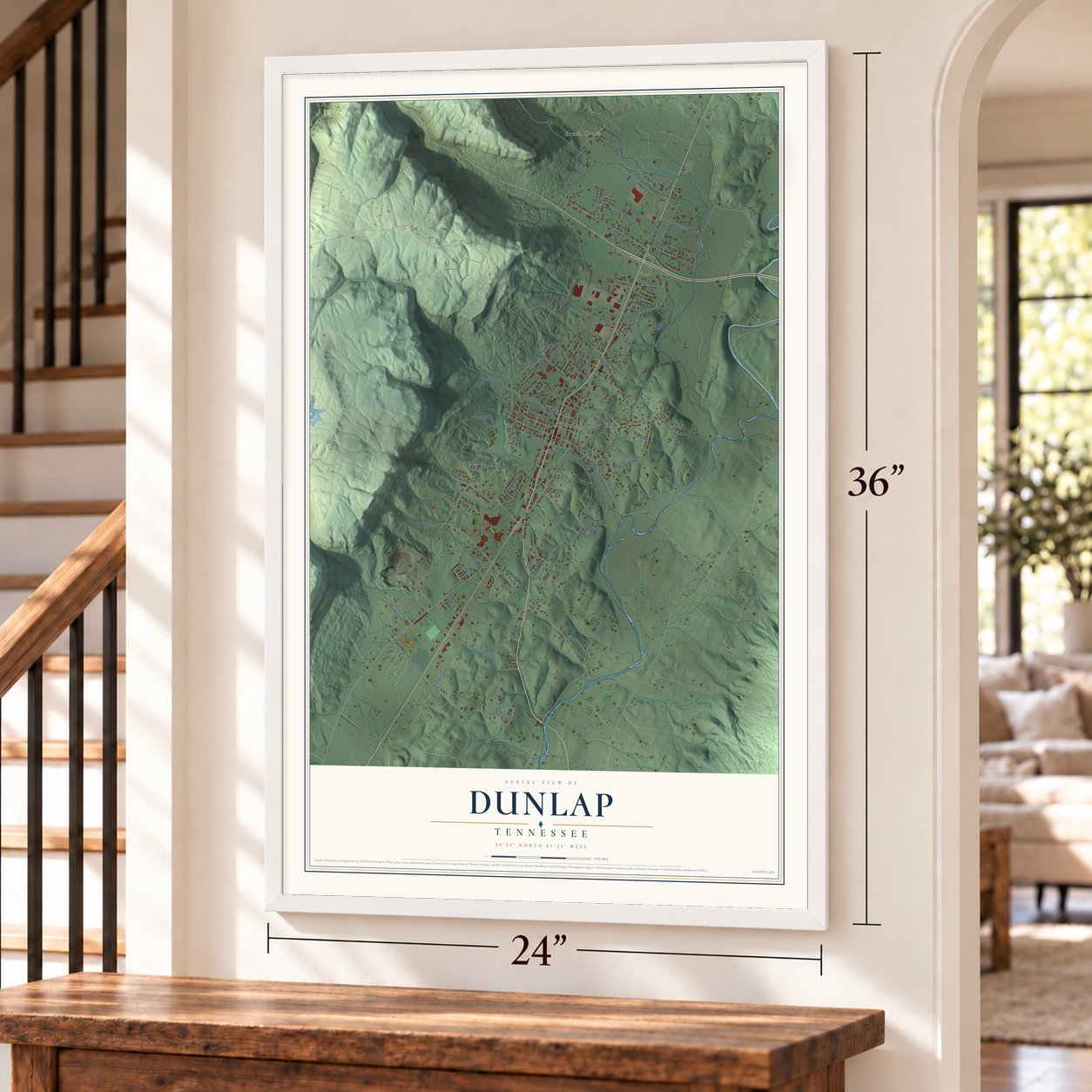 Dunlap, Tennessee map, 24 x 36 inch print in a white frame by a staircase