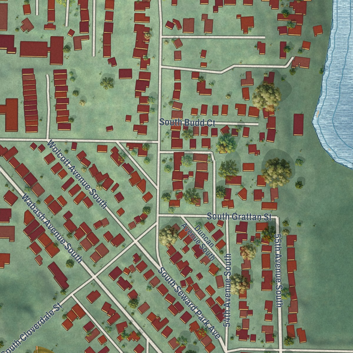 Second close-up of the map of Dunlap, Washington print showing more streets and buildings