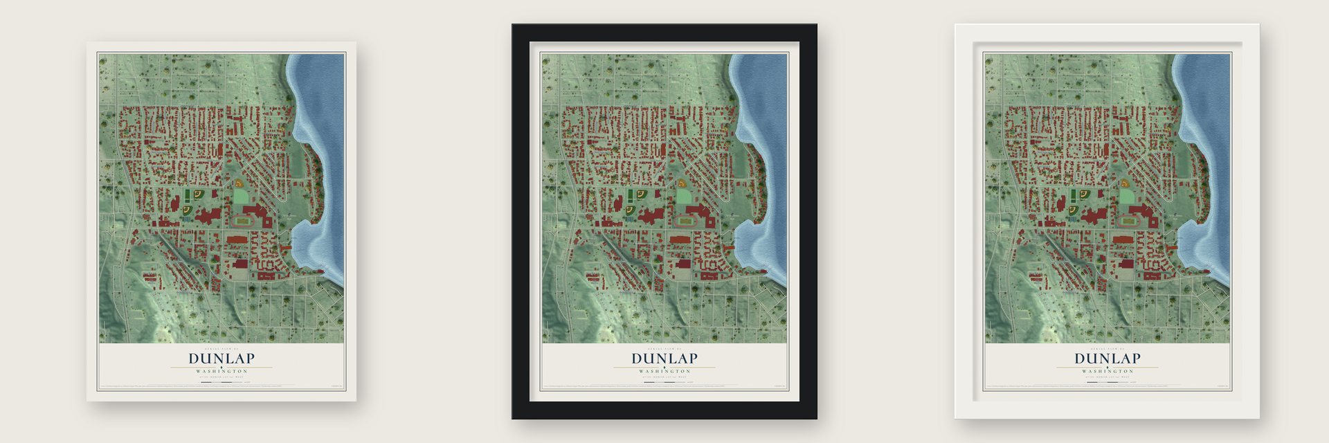 Dunlap, Washington map unframed, in a black wood frame and in a white wood frame
