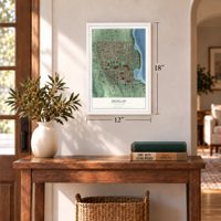 Dunlap, Washington map, 12 x 18 inch print in a white frame in an entryway