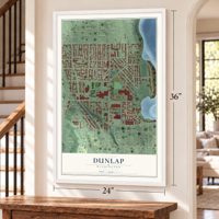 Dunlap, Washington map, 24 x 36 inch print in a white frame by a staircase
