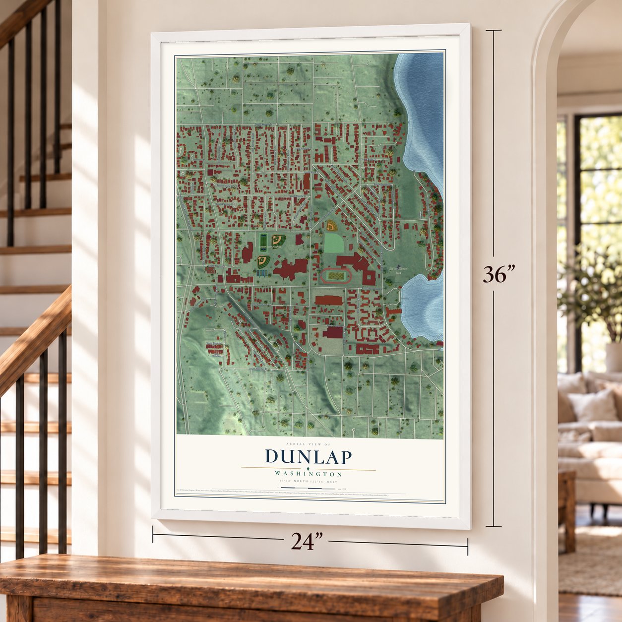 Dunlap, Washington map, 24 x 36 inch print in a white frame by a staircase