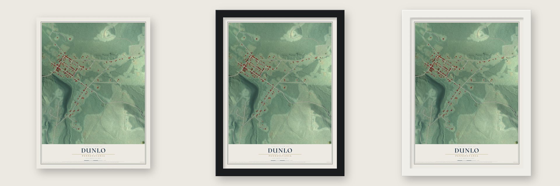 Dunlo, Pennsylvania map unframed, in a black wood frame and in a white wood frame