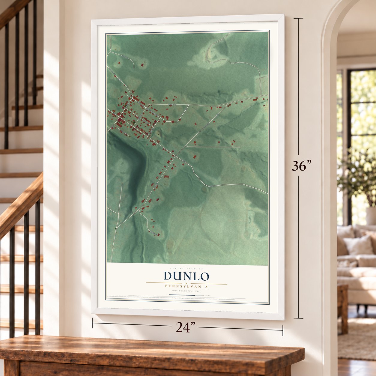 Dunlo, Pennsylvania map, 24 x 36 inch print in a white frame by a staircase