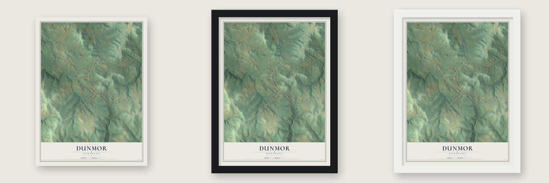 Dunmor, Kentucky map unframed, in a black wood frame and in a white wood frame