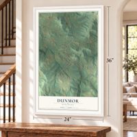Dunmor, Kentucky map, 24 x 36 inch print in a white frame by a staircase