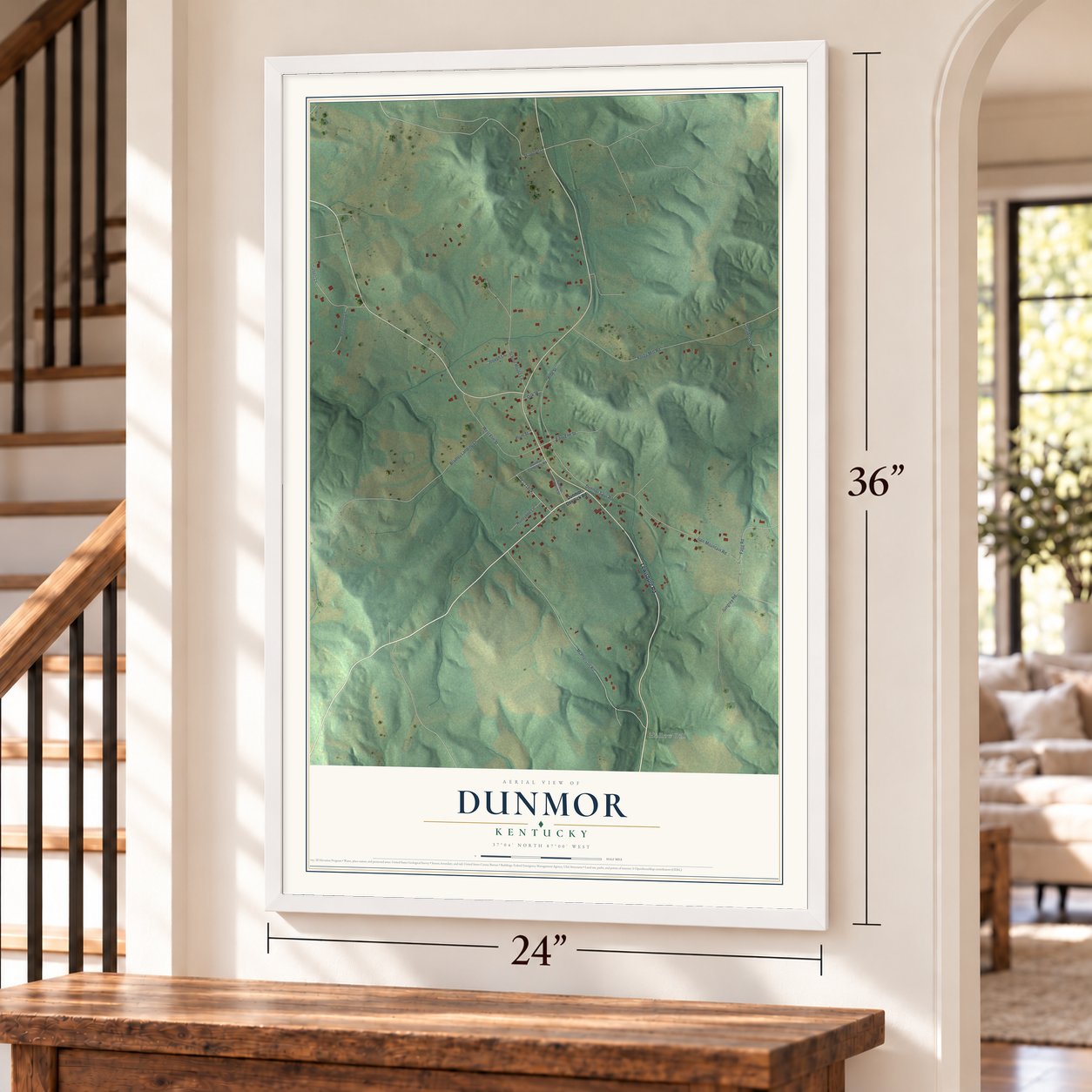 Dunmor, Kentucky map, 24 x 36 inch print in a white frame by a staircase