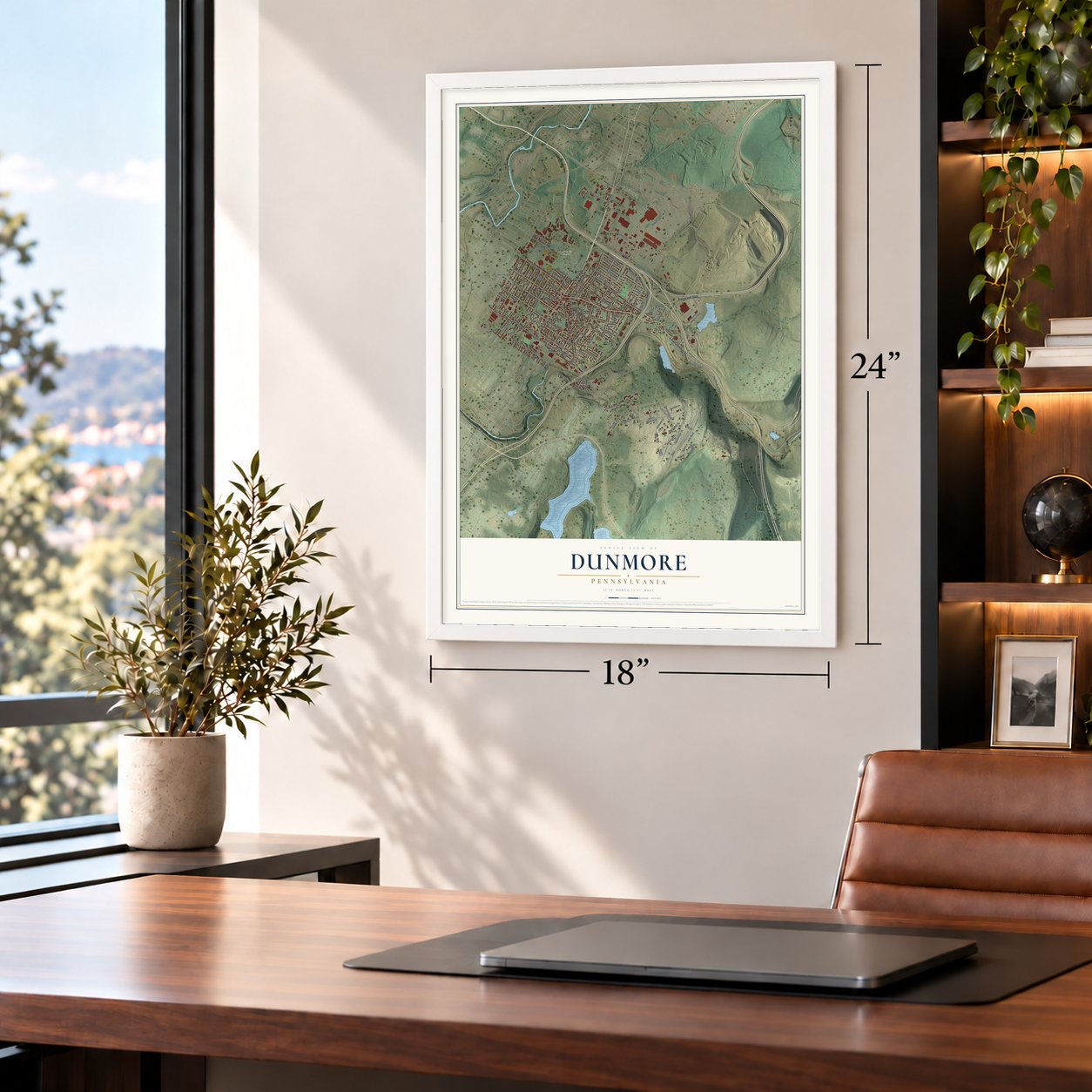 Dunmore, Pennsylvania map, 18 x 24 inch print in a white frame in a home office