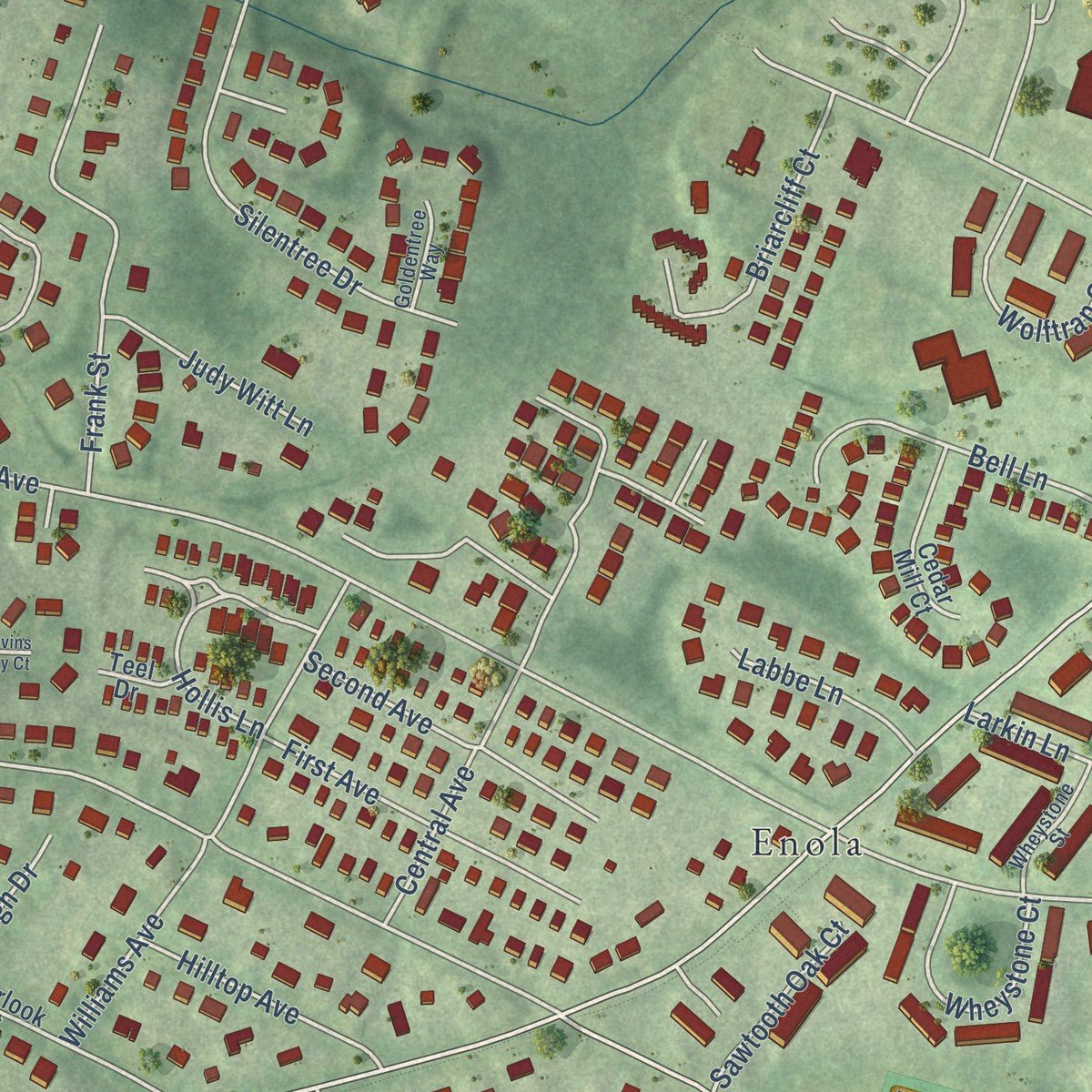 Second close-up of the map of Dunn Loring, Virginia print showing more streets and buildings