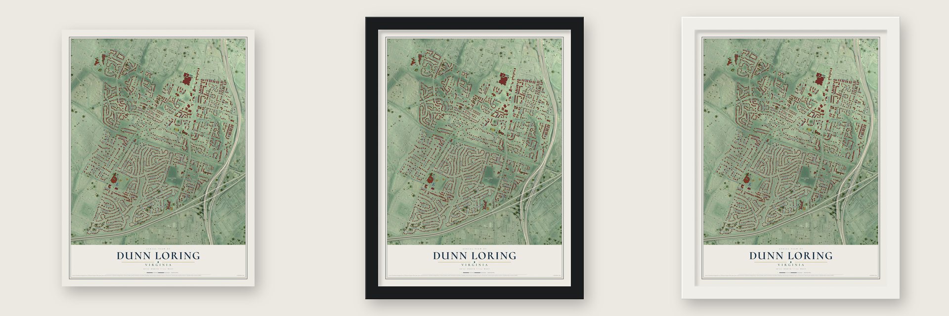 Dunn Loring, Virginia map unframed, in a black wood frame and in a white wood frame