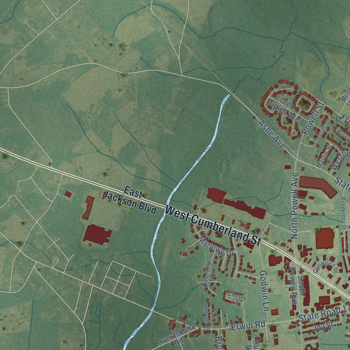 Second close-up of the map of Dunn, North Carolina print showing more streets and buildings