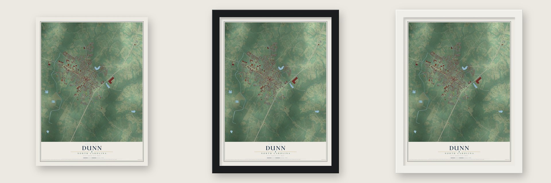Dunn, North Carolina map unframed, in a black wood frame and in a white wood frame