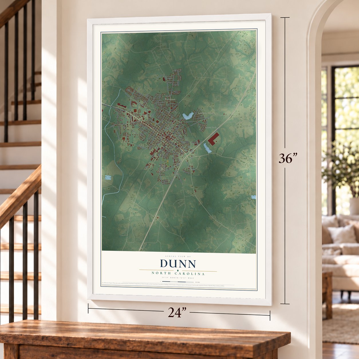 Dunn, North Carolina map, 24 x 36 inch print in a white frame by a staircase
