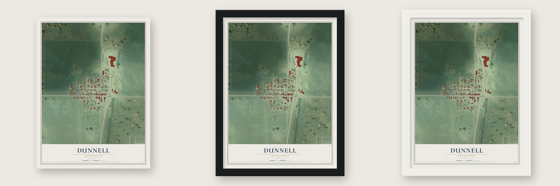 Dunnell, Minnesota map unframed, in a black wood frame and in a white wood frame