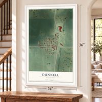 Dunnell, Minnesota map, 24 x 36 inch print in a white frame by a staircase