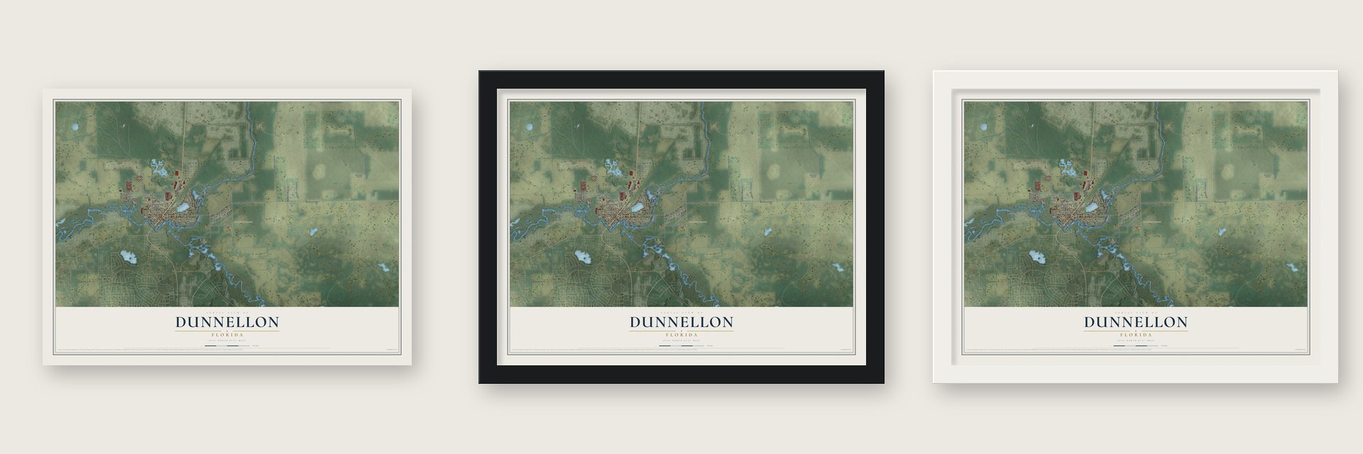 Dunnellon, Florida map unframed, in a black wood frame and in a white wood frame