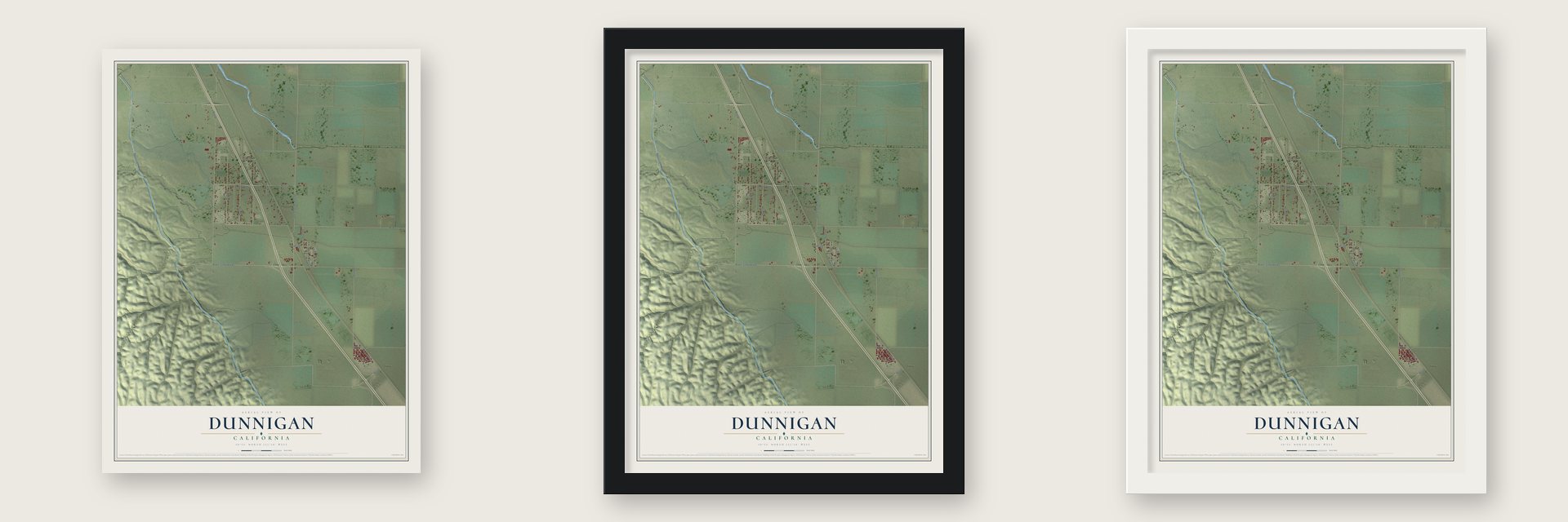 Dunnigan, California map unframed, in a black wood frame and in a white wood frame