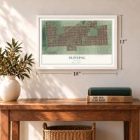 Dunning, Illinois map, 12 x 18 inch print in a white frame in an entryway