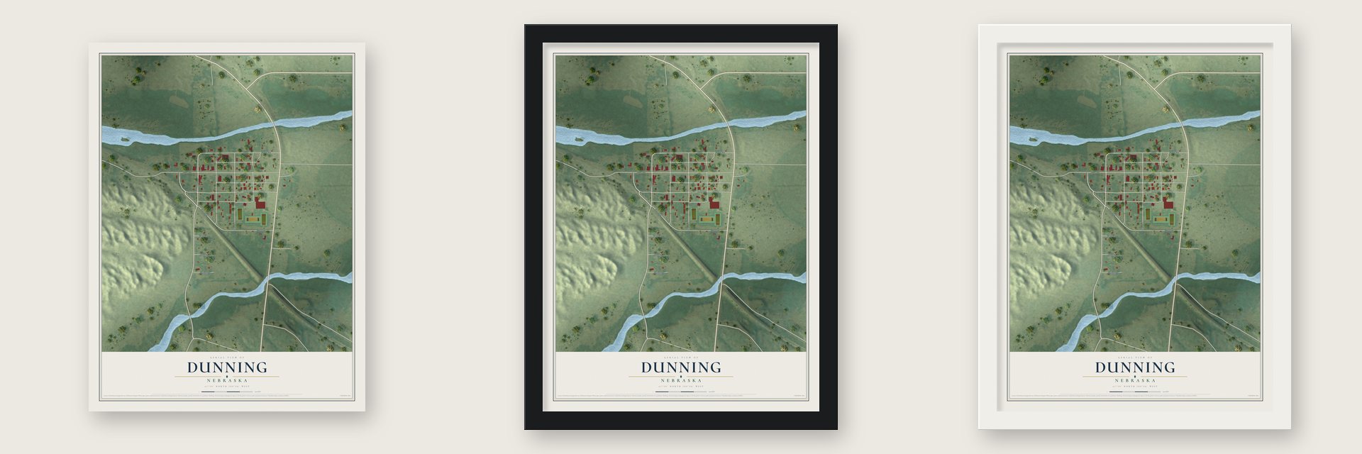 Dunning, Nebraska map unframed, in a black wood frame and in a white wood frame