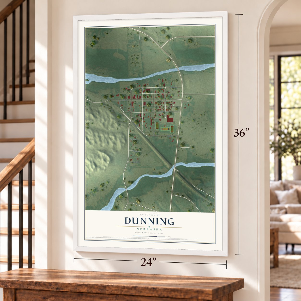 Dunning, Nebraska map, 24 x 36 inch print in a white frame by a staircase