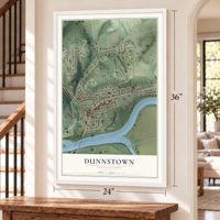 Dunnstown, Pennsylvania map, 24 x 36 inch print in a white frame by a staircase