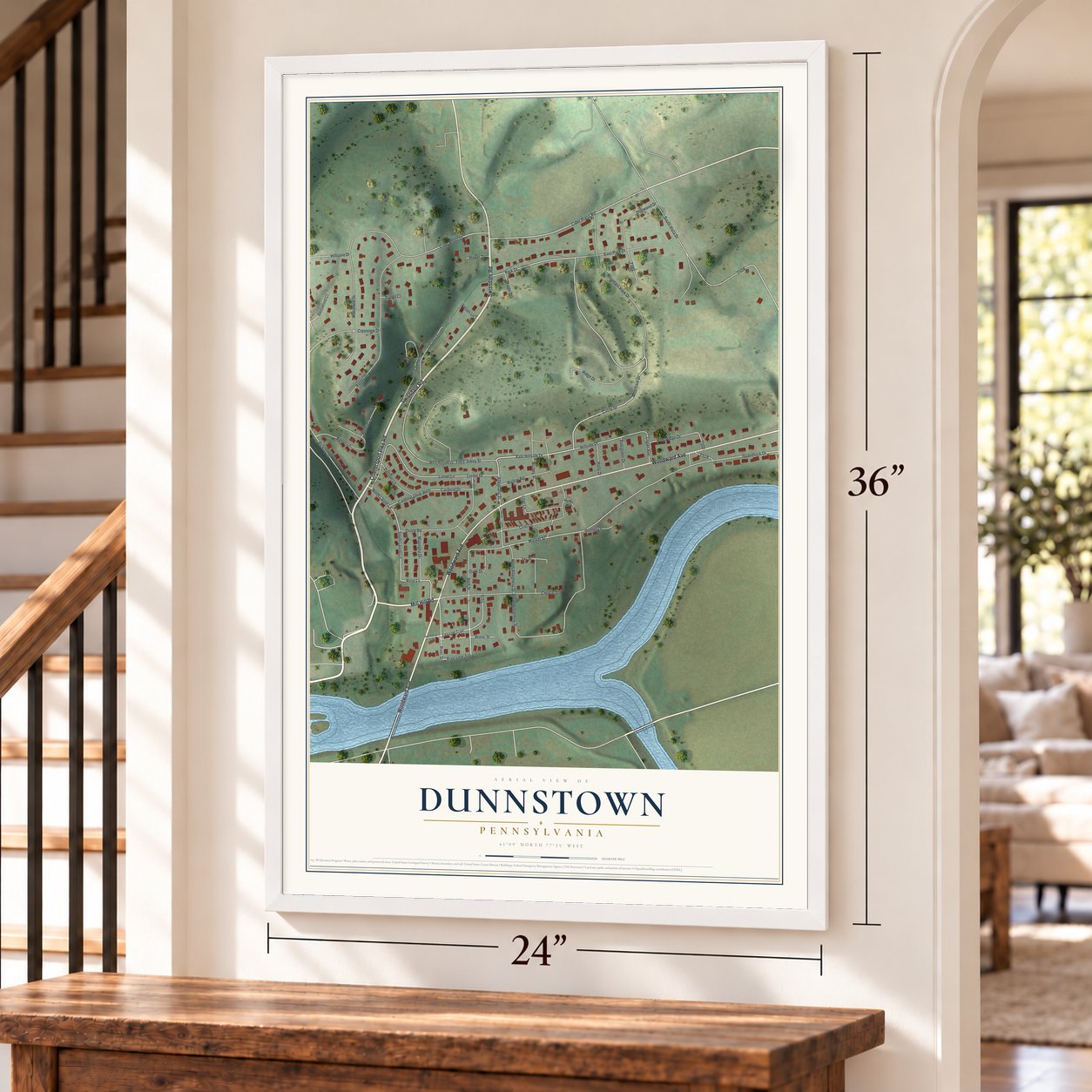 Dunnstown, Pennsylvania map, 24 x 36 inch print in a white frame by a staircase
