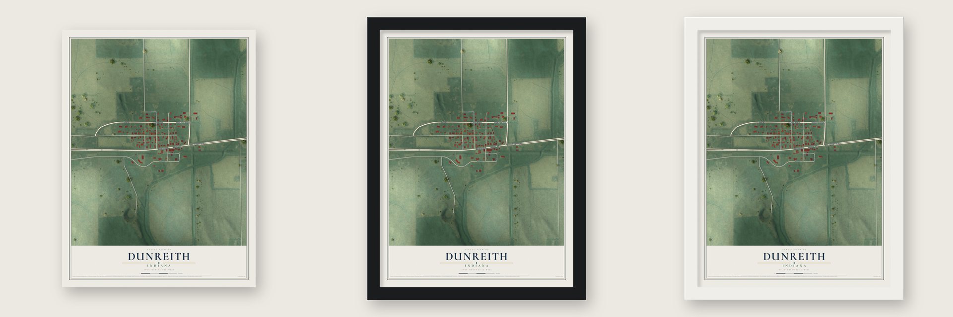 Dunreith, Indiana map unframed, in a black wood frame and in a white wood frame