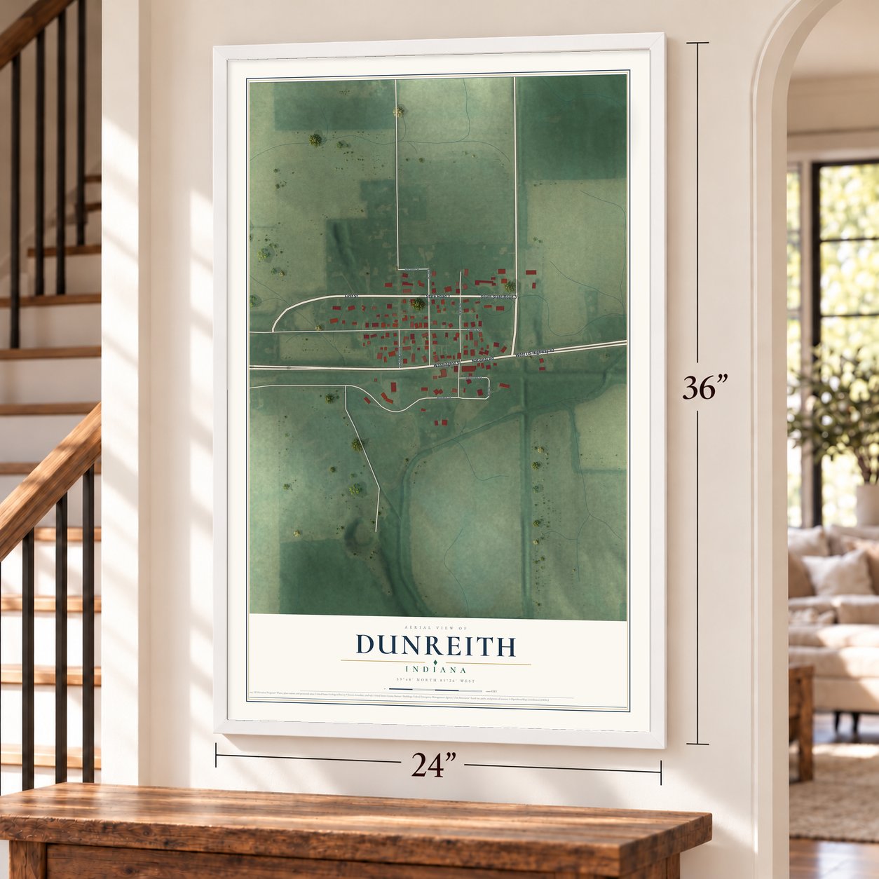 Dunreith, Indiana map, 24 x 36 inch print in a white frame by a staircase