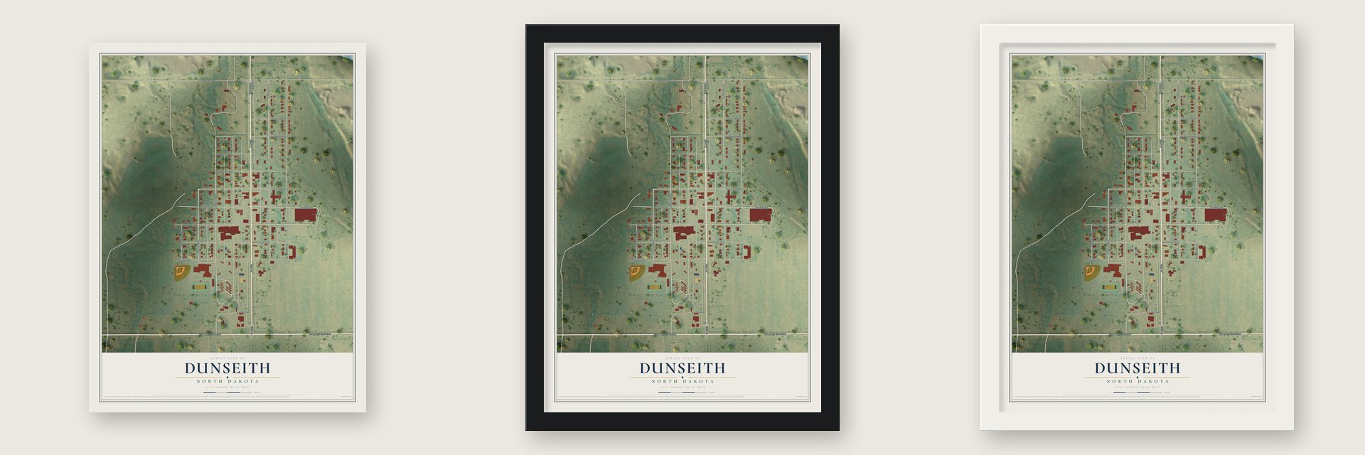 Dunseith, North Dakota map unframed, in a black wood frame and in a white wood frame