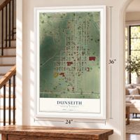 Dunseith, North Dakota map, 24 x 36 inch print in a white frame by a staircase