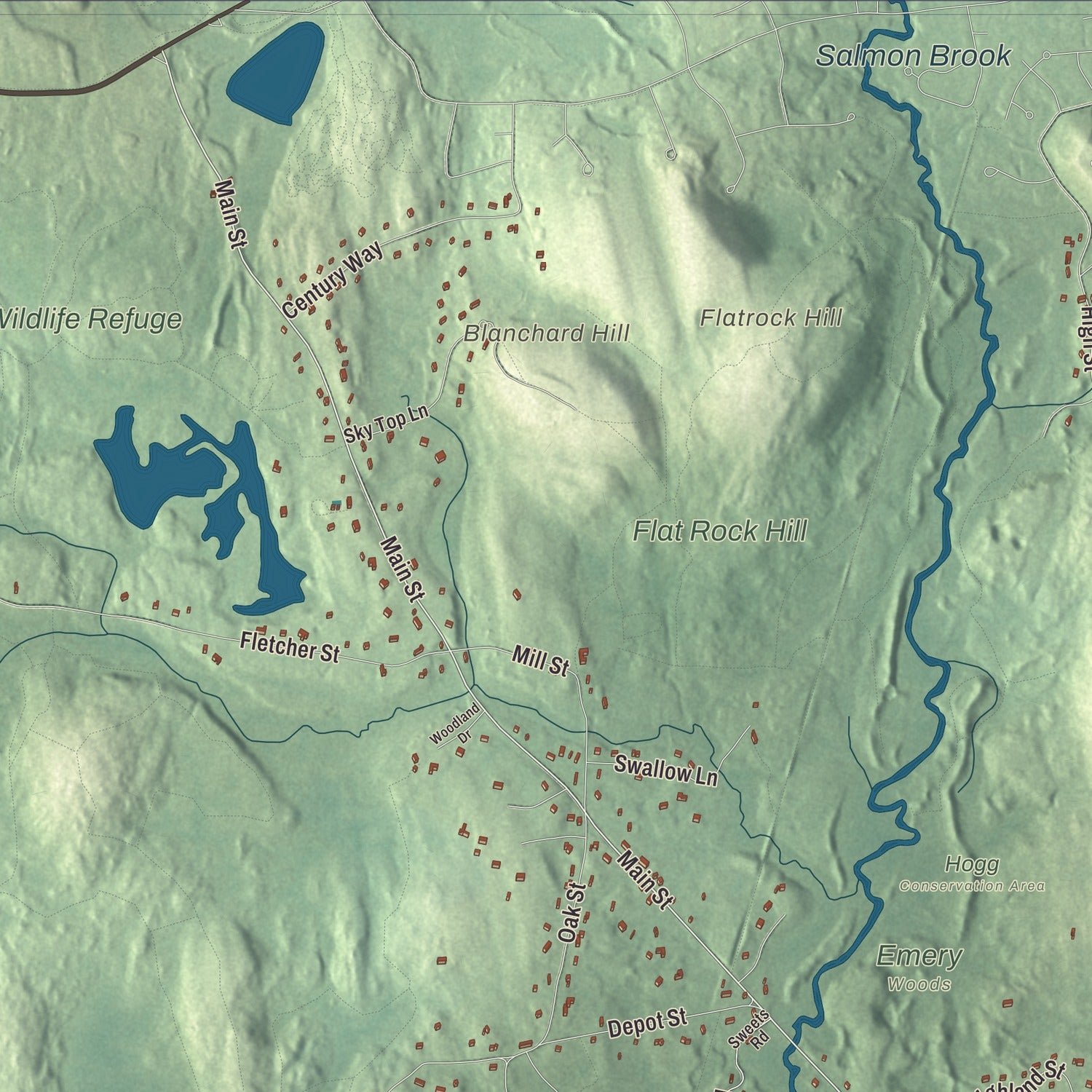 Close-up of the map of Dunstable, Massachusetts print showing terrain and local geography