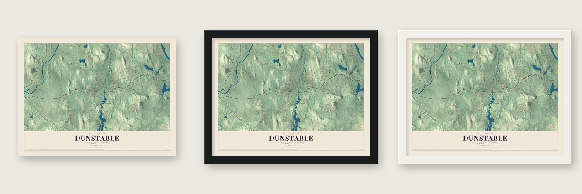 Dunstable, Massachusetts map unframed, in a black wood frame and in a white wood frame