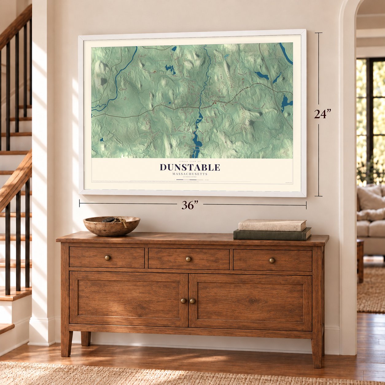 Dunstable, Massachusetts map, 24 x 36 inch print in a white frame above a dresser by a staircase