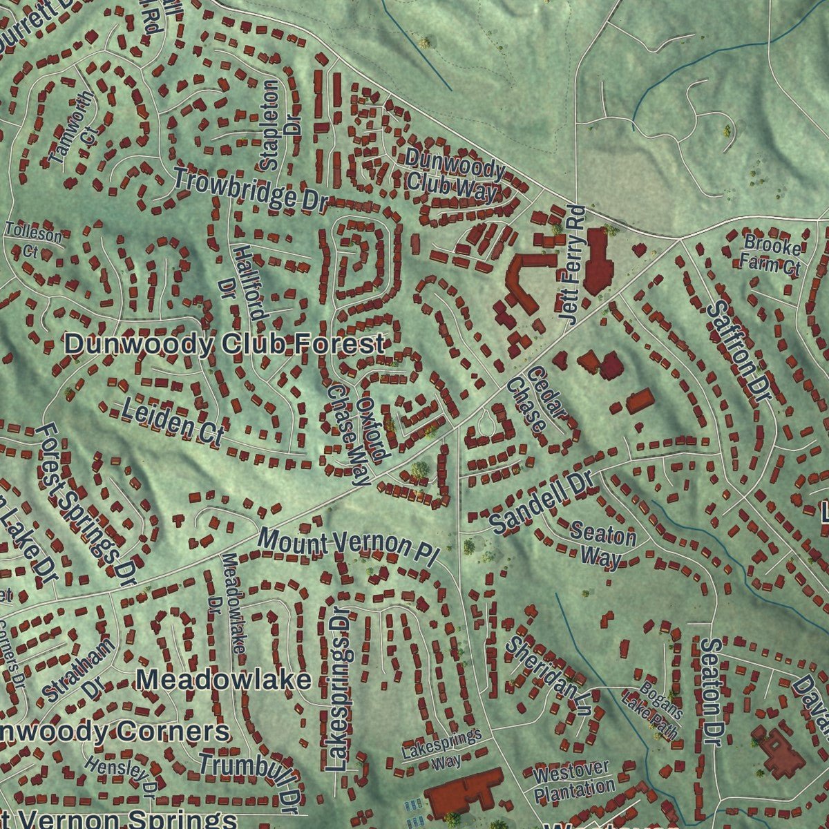 Second close-up of the map of Dunwoody, Georgia print showing more streets and buildings