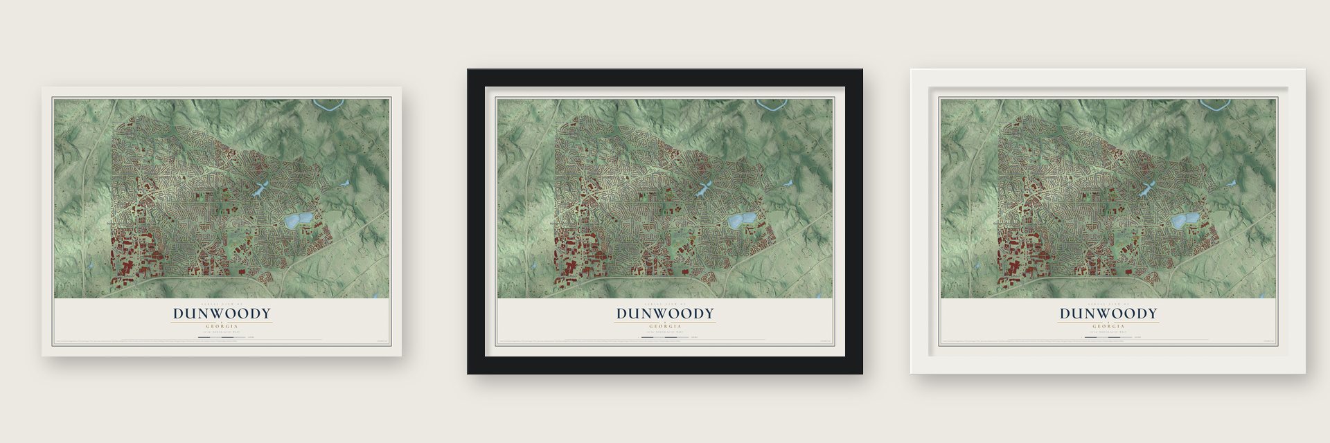 Dunwoody, Georgia map unframed, in a black wood frame and in a white wood frame