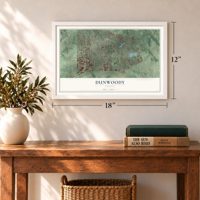 Dunwoody, Georgia map, 12 x 18 inch print in a white frame in an entryway
