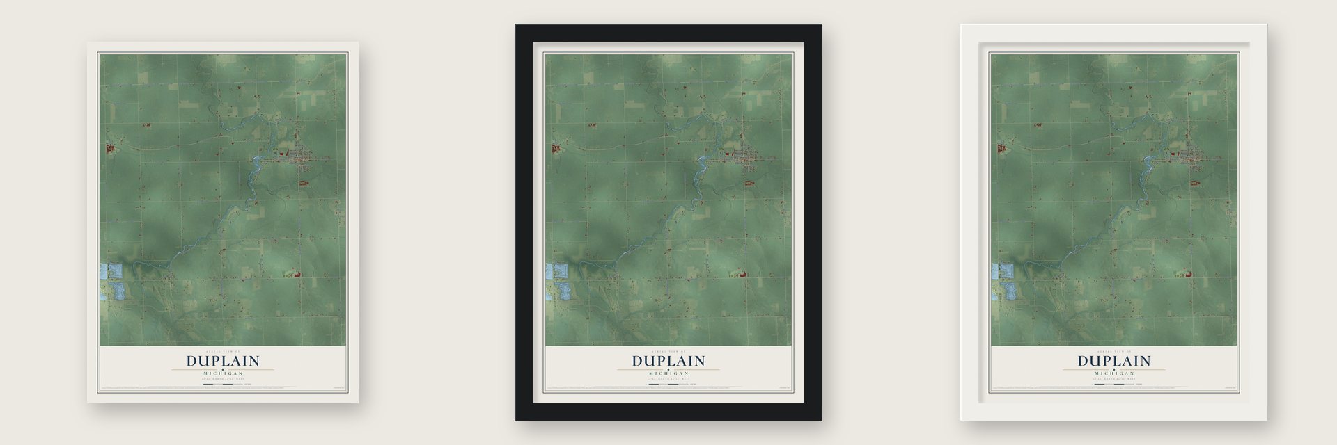 Duplain, Michigan map unframed, in a black wood frame and in a white wood frame