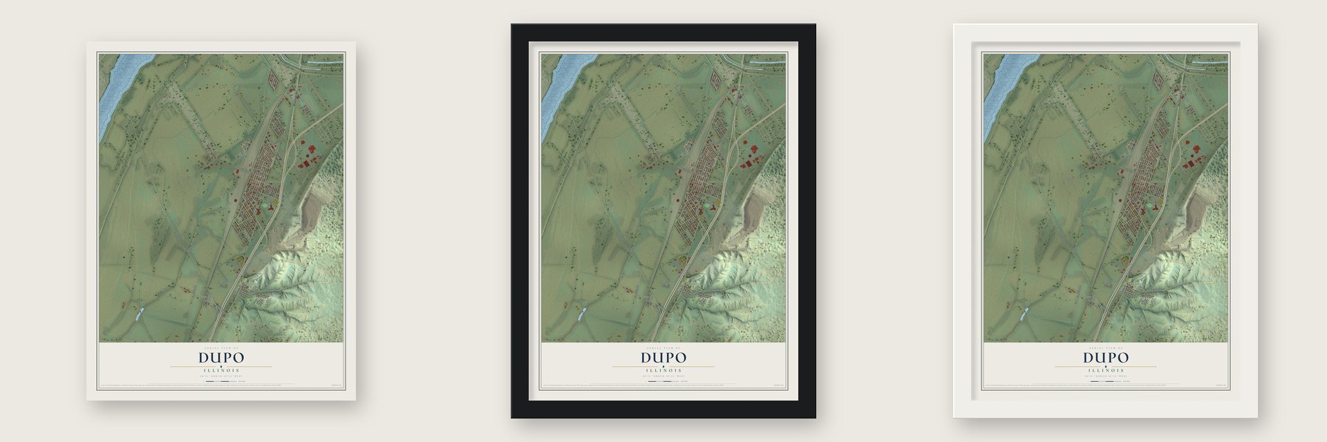 Dupo, Illinois map unframed, in a black wood frame and in a white wood frame