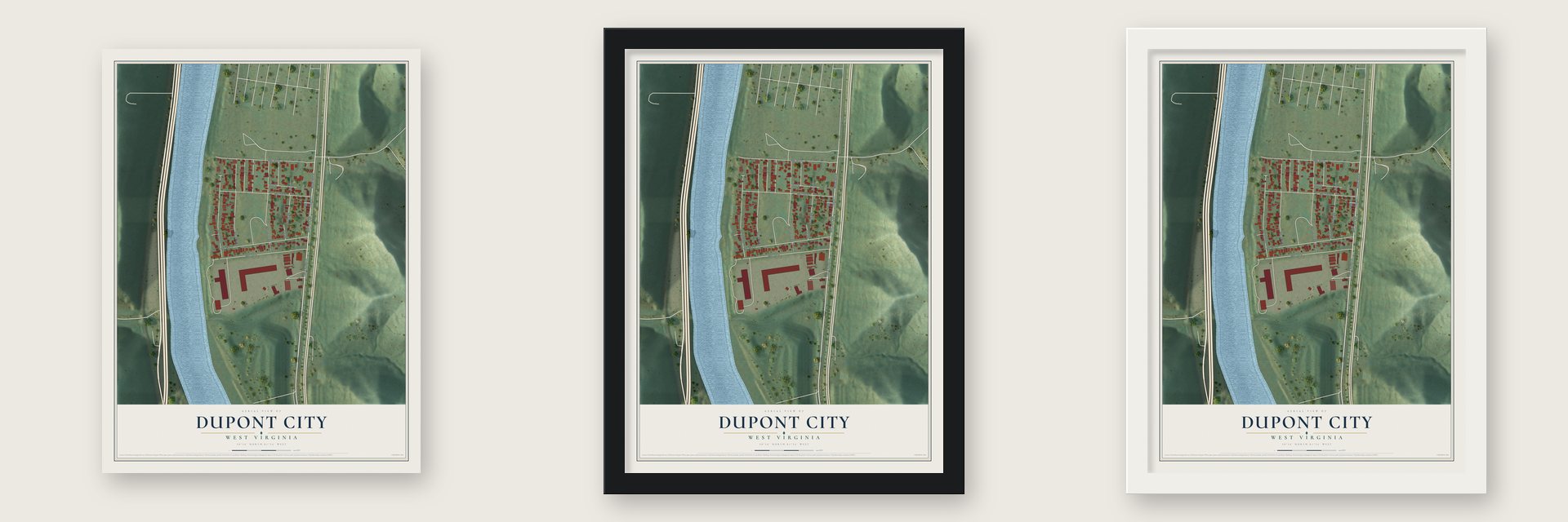 Dupont City, West Virginia map unframed, in a black wood frame and in a white wood frame