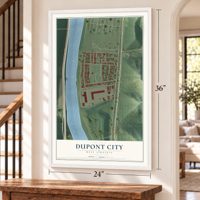 Dupont City, West Virginia map, 24 x 36 inch print in a white frame by a staircase