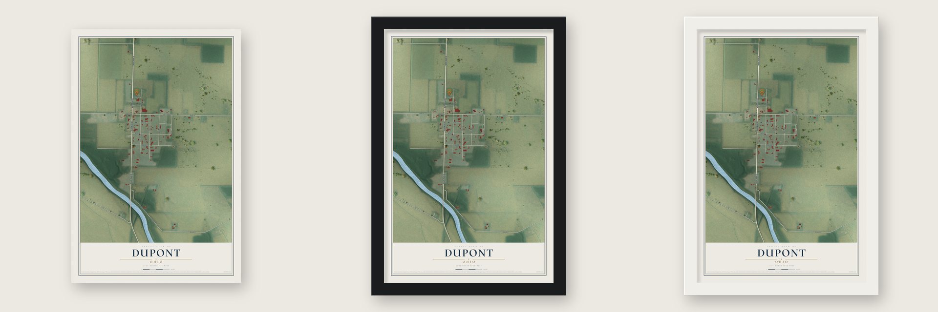 Dupont, Ohio map unframed, in a black wood frame and in a white wood frame