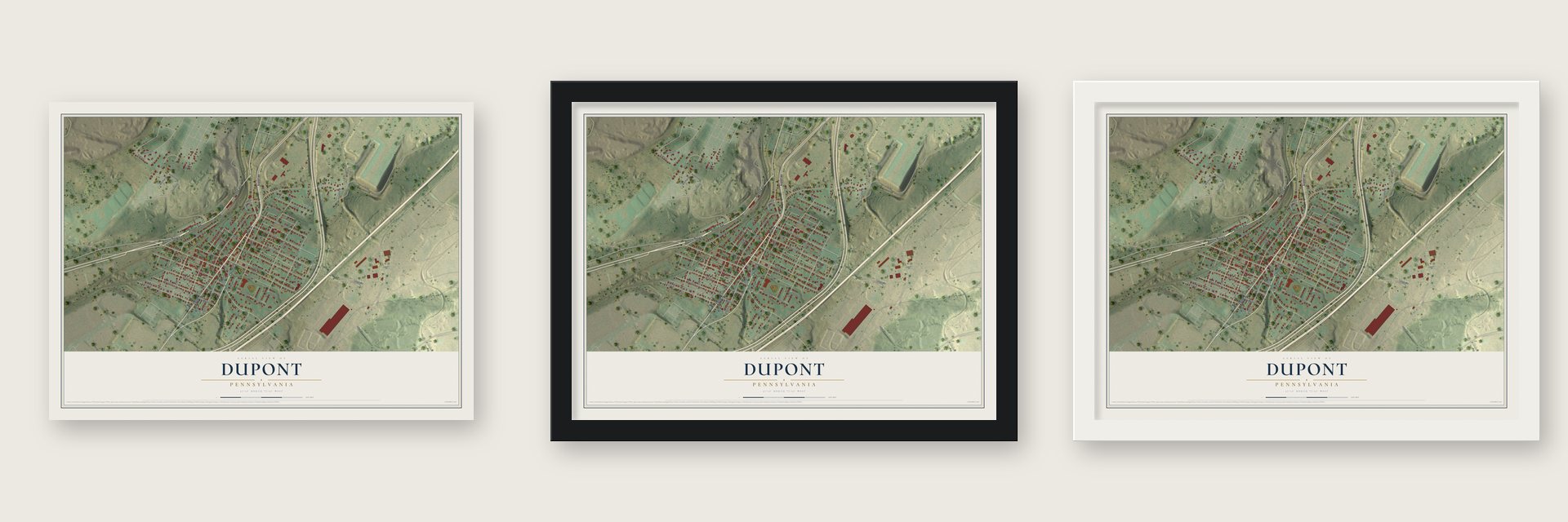 Dupont, Pennsylvania map unframed, in a black wood frame and in a white wood frame