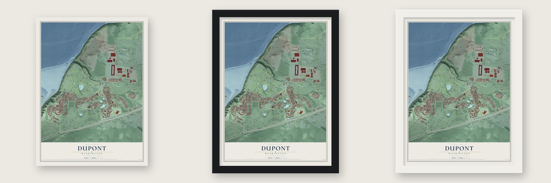 DuPont, Washington map unframed, in a black wood frame and in a white wood frame