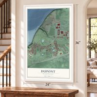 DuPont, Washington map, 24 x 36 inch print in a white frame by a staircase