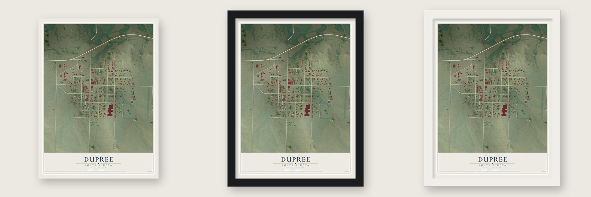 Dupree, South Dakota map unframed, in a black wood frame and in a white wood frame