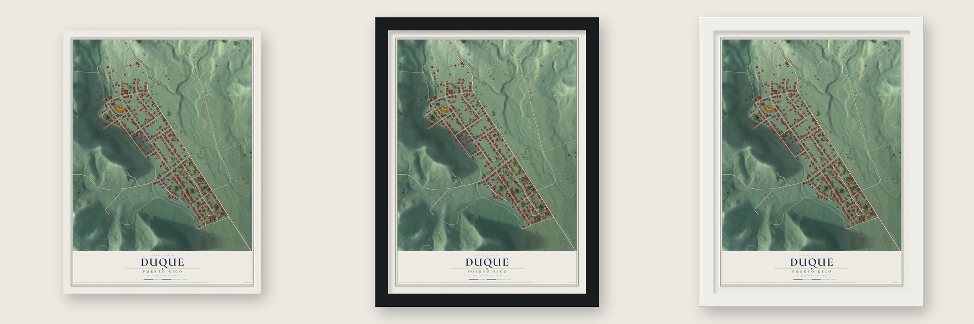 Duque, Puerto Rico map unframed, in a black wood frame and in a white wood frame