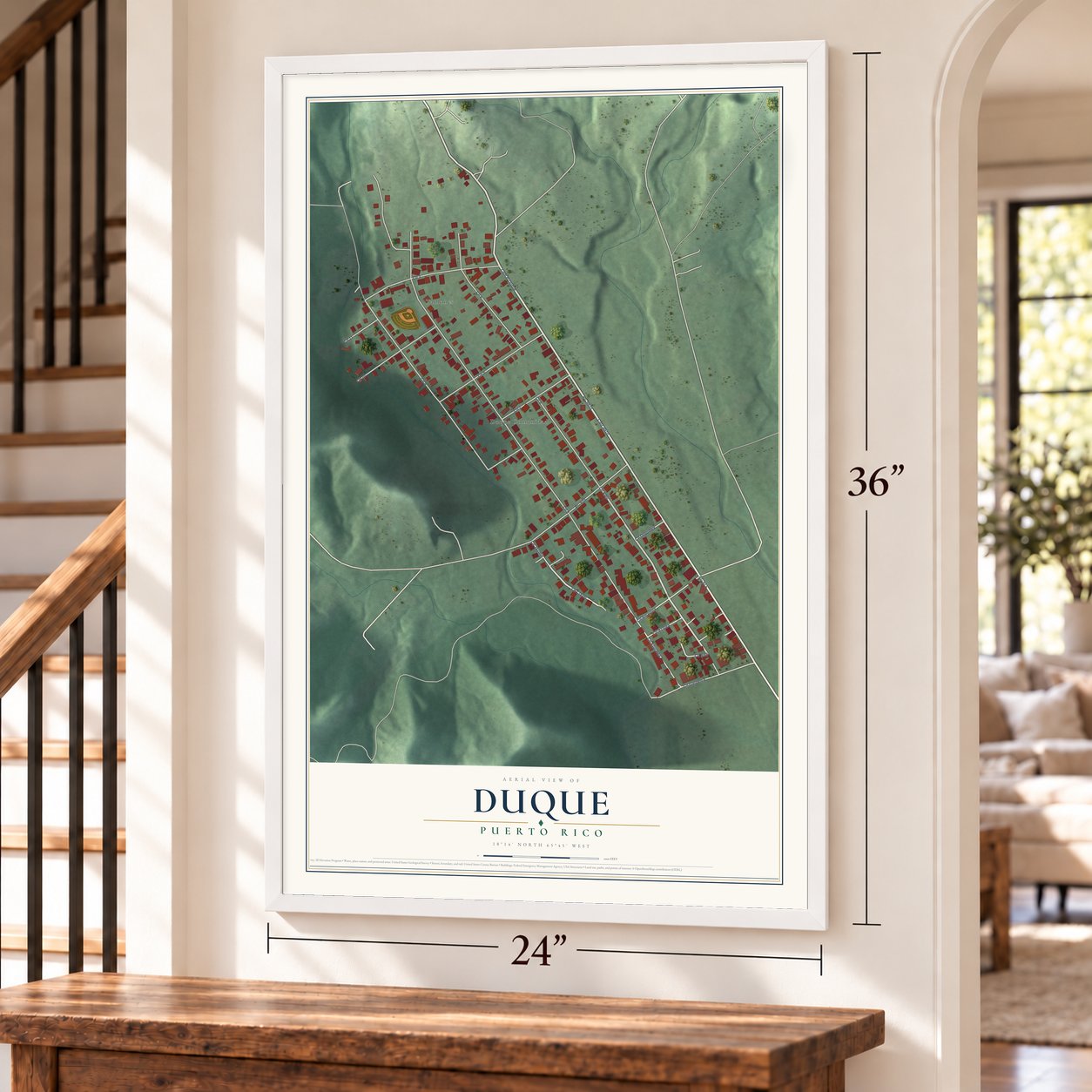 Duque, Puerto Rico map, 24 x 36 inch print in a white frame by a staircase